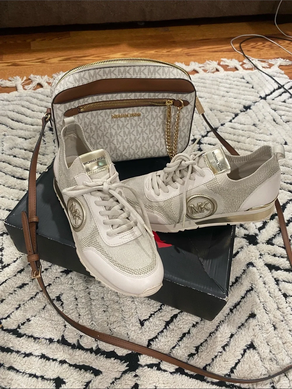 Michael Kors Cream and Gold Logo Knit Sneakers